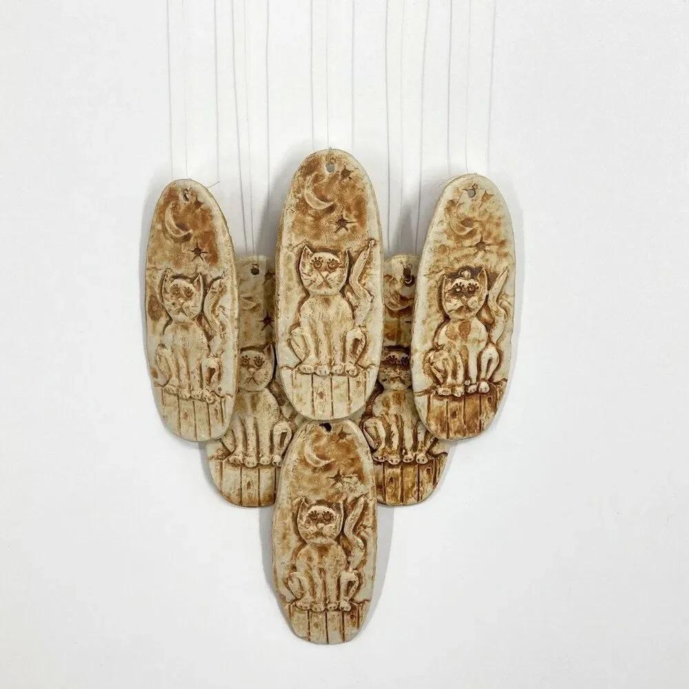 Handmade Art Pottery Cat Kitten Moon Wind Chime Wall Hanging Folk Art Stamped